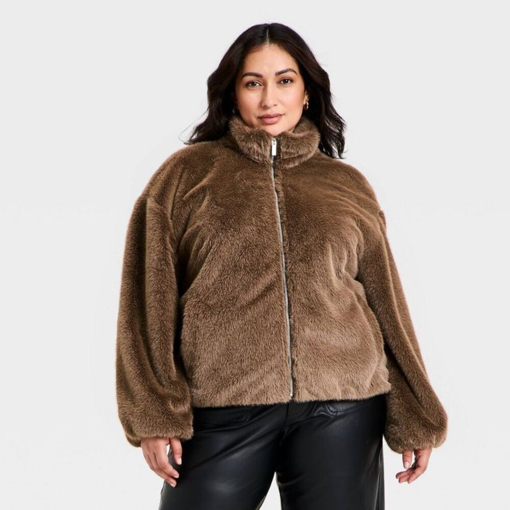 Women's Faux Fur Zip-Up Jacket - A New Day Brown 4X